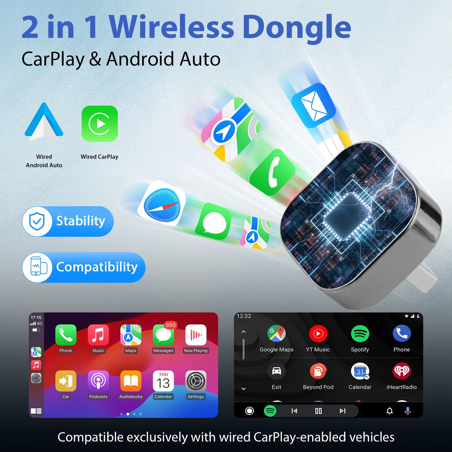 2026  2 in 1 Wireless Carplay Adapter&Android Auto Wireless Adapter, 5Ghz Wifi Type-C/Usb Plug Play Carplay Wireless