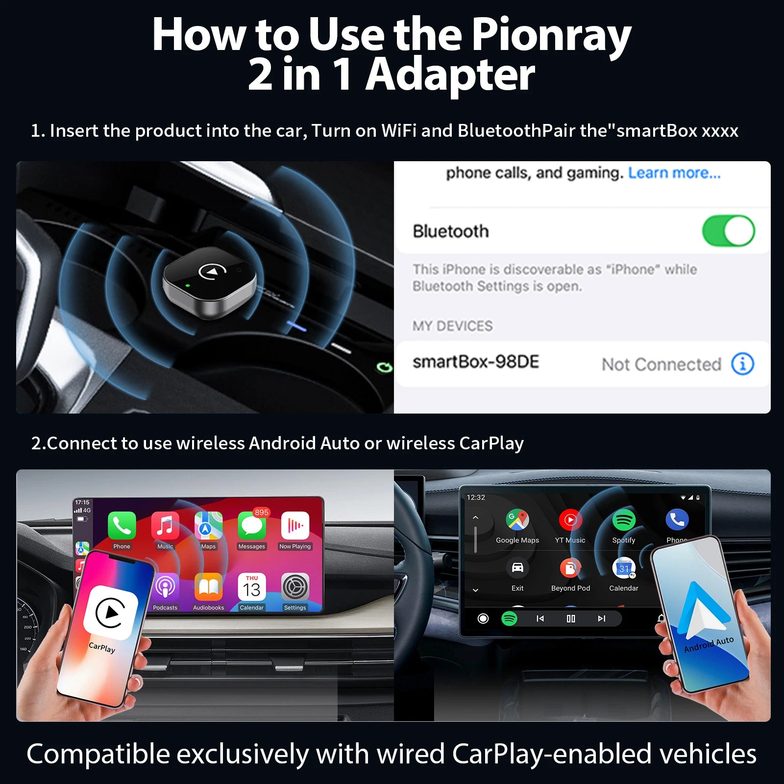 2026  2 in 1 Wireless Carplay Adapter&Android Auto Wireless Adapter, 5Ghz Wifi Type-C/Usb Plug Play Carplay Wireless